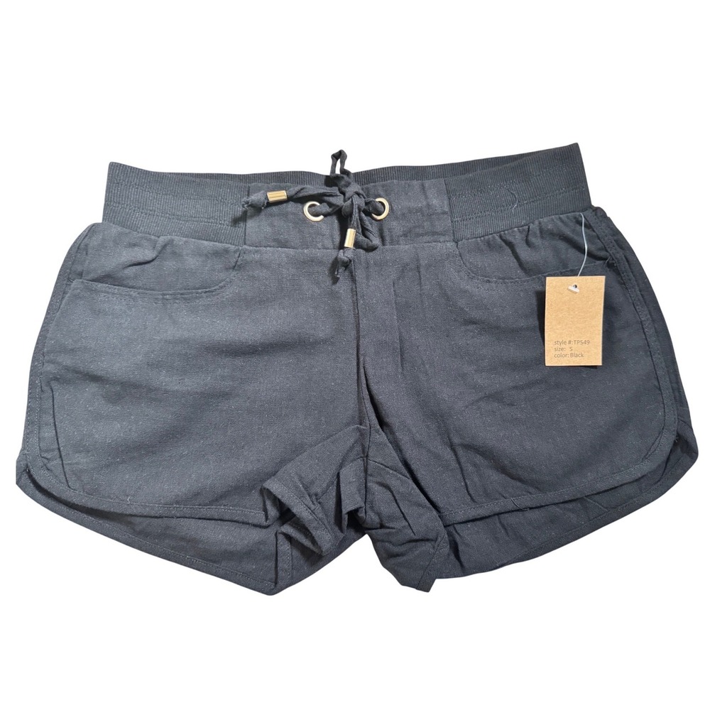 C'est Toi Womens Black Linen Blend Dolphin Shorts Drawstring Pockets TP549 Small - Picture 6 of 10